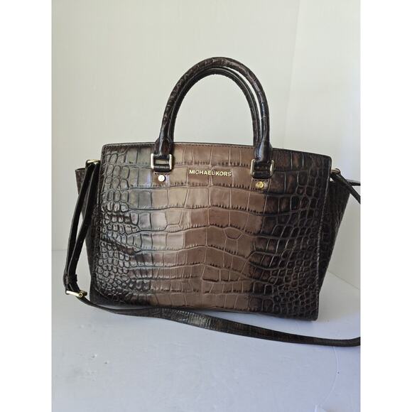 Michael Kors Selma Brown Croc Stamped Leather Satchel Large Pre- Owned - Picture 1 of 9